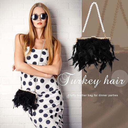 Amylove Evening Purse with Pearl Gold Chain Faux Fur Purse Fake Feather Clutch Fluffy Purse Women's Evening Handbags in Kuwait