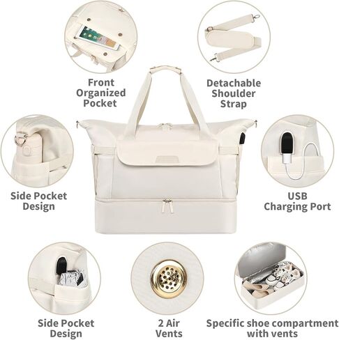 Travel Bag for Women, Sports Gym Duffel Bag with USB Charging Port, Weekender Overnight Bag with Wet Pocket and Shoes Compartment, Carry On Tote Bag Gym Yoga Duffel Bag for Men in Kuwait