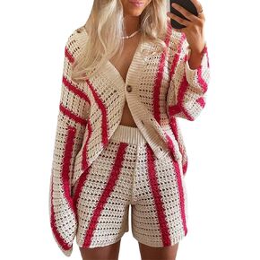 Gihuo Women' s Y2K 2 Piece Knit Outfits Striped Sweater Shorts Set Hollow Out Crochet in Kuwait
