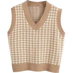 Locachy Women's Houndstooth Pattern Preppy Style V-Neck Sleeveless Knit Pullover Sweater Vest