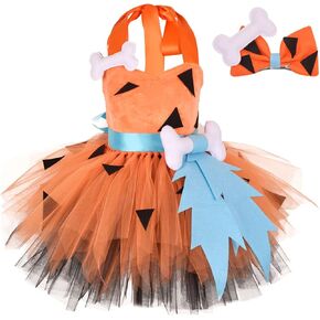 AWIBMK Kids Girls Caveman Costume Cavegirl Tulle Dress with Headpiece Stone Age Outfit Halloween Cosplay Dress Up Photo Shoot