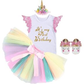 HIHCBF Baby Girls Princess First Birthday Cake Smash Unicorn Outfits Romper Rainbow Tutu Skirt Unicorn Headband (Shoes) in Saudi Arabia