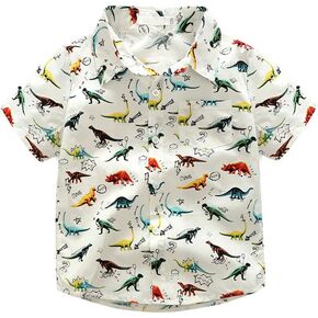 Abolai Boys' Short Sleeve One Pocket Dinosaur Pattern Woven Shirt