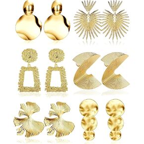 FIBO STEEL 6 Pairs Clip on Earrings Gold Statement Earrings for Women Dangle Clip On Earrings Leaf Butterfly Square Hoops Round Exaggerated No Piercing Fake Earrings Set