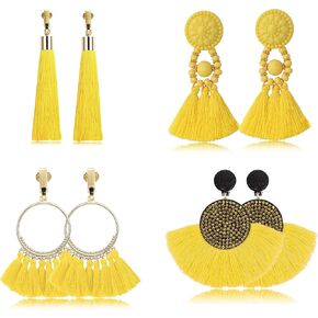 Udalyn 4 Pairs Tassel Earrings for Women Dangle Clip On Earrings Colorful Bohemian Tassel Earrings Statement Earrings Handmade Jewelry Gift Non Piercing Earrings for Sensitive Ears in Saudi Arabia