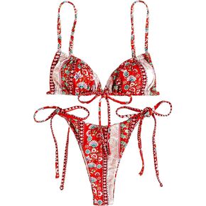 WDIRARA Women's Floral Print Tie Side Swimwear Straps Bikini Sets Swimsuits