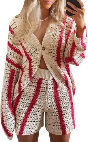 Gihuo Women' s Y2K 2 Piece Knit Outfits Striped Sweater Shorts Set Hollow Out Crochet in Kuwait