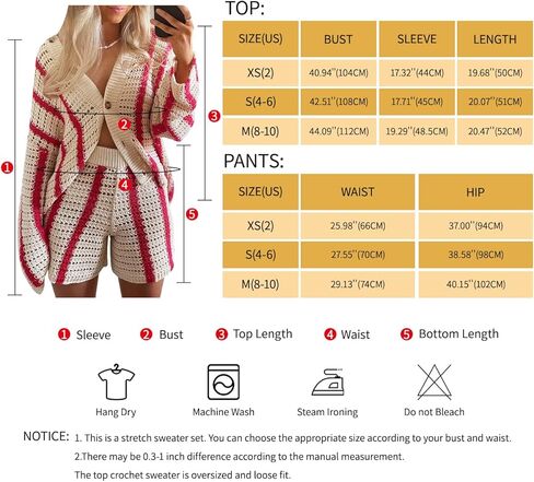 Gihuo Women' s Y2K 2 Piece Knit Outfits Striped Sweater Shorts Set Hollow Out Crochet in Kuwait