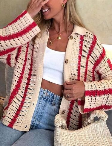 Gihuo Women' s Y2K 2 Piece Knit Outfits Striped Sweater Shorts Set Hollow Out Crochet in Kuwait