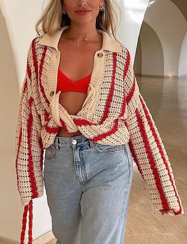 Gihuo Women' s Y2K 2 Piece Knit Outfits Striped Sweater Shorts Set Hollow Out Crochet in Kuwait