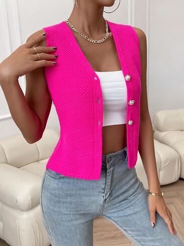 سترة نسائية كاجوال من SweatyRocks برقبة على شكل حرف V وأزرار سفلية بدون أكمام in Saudi Arabia
