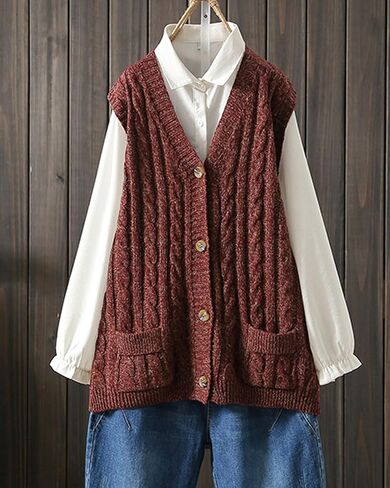 Aeneontrue Women's Sweater Vest Sleeveless Button Down Knitted Cardigan Outwear with Pockets in Kuwait