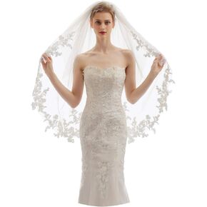 Elawbty Womens 2 Tier Fingertip Length Short Lace Wedding Bridal Veil With Comb X07 in Saudi Arabia