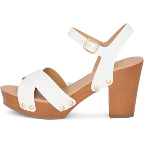 SHIFT - Womens Open Toe Studded Double Cross Band Ankle Strap Faux Wood Platform Heel Sandals