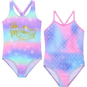 Mecamelon Girls 2 Pack One Piece Bathing Suit Unicorn Mermaid Printed Beach Swimwear