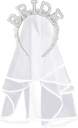 شريط راس مزين باللؤلؤ للعروس من يويماس لتزيين حفلات توديع العزوبية، شريط راس للعروس، شريط راس ابيض لحفلات توديع العزوبية مع طرحة زفاف لهدايا حفلات الزفاف ووصيفة العروس وحفلات توديع العزوبية in Kuwait