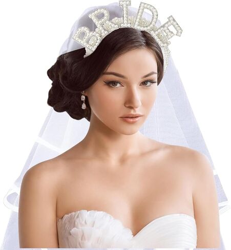 شريط راس مزين باللؤلؤ للعروس من يويماس لتزيين حفلات توديع العزوبية، شريط راس للعروس، شريط راس ابيض لحفلات توديع العزوبية مع طرحة زفاف لهدايا حفلات الزفاف ووصيفة العروس وحفلات توديع العزوبية in Kuwait