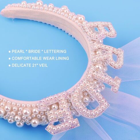 شريط راس مزين باللؤلؤ للعروس من يويماس لتزيين حفلات توديع العزوبية، شريط راس للعروس، شريط راس ابيض لحفلات توديع العزوبية مع طرحة زفاف لهدايا حفلات الزفاف ووصيفة العروس وحفلات توديع العزوبية in Kuwait