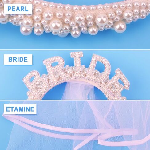 شريط راس مزين باللؤلؤ للعروس من يويماس لتزيين حفلات توديع العزوبية، شريط راس للعروس، شريط راس ابيض لحفلات توديع العزوبية مع طرحة زفاف لهدايا حفلات الزفاف ووصيفة العروس وحفلات توديع العزوبية in Kuwait