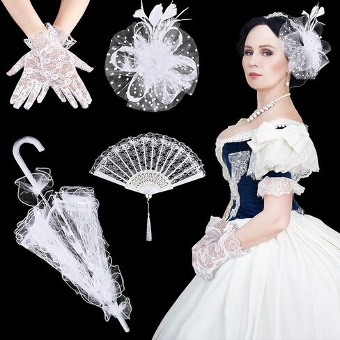 Jecery 18th Century Costume Accessories for women Gothic Victorian Set Lace Parasol Umbrella Tea Party Hats White Gloves Halloween Medieval Colonial Bride Flower Girls Photo Props in Saudi Arabia