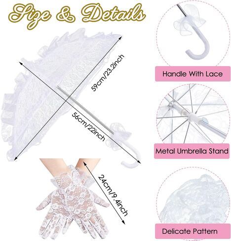 Jecery 18th Century Costume Accessories for women Gothic Victorian Set Lace Parasol Umbrella Tea Party Hats White Gloves Halloween Medieval Colonial Bride Flower Girls Photo Props in Saudi Arabia