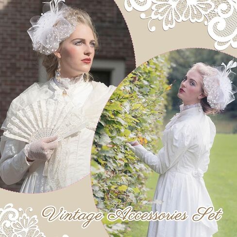 Jecery 18th Century Costume Accessories for women Gothic Victorian Set Lace Parasol Umbrella Tea Party Hats White Gloves Halloween Medieval Colonial Bride Flower Girls Photo Props in Saudi Arabia