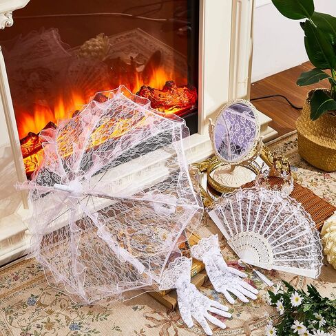 Jecery 18th Century Costume Accessories for women Gothic Victorian Set Lace Parasol Umbrella Tea Party Hats White Gloves Halloween Medieval Colonial Bride Flower Girls Photo Props in Saudi Arabia