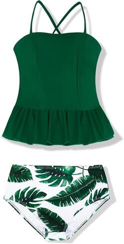 Tutorutor Kid Girls High Waisted Cute 2 Piece Peplum Halter Bikini Sets Ruffle Floral Print Teen Spaghetti Swimsuits in Kuwait