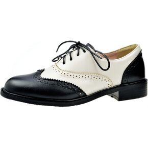 PIVAPAM Womens Oxfords Black and White Wingtip Chunky Heeled Vintage Brogue Lace Up Two Tone Saddle Shoes
