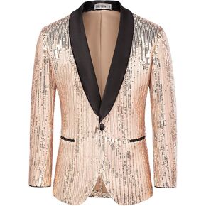GRACE KARIN Mens Shiny Sequin Blazer One Button Suit Jacket Shawl Lapel Tuxedo Party Dinner Prom