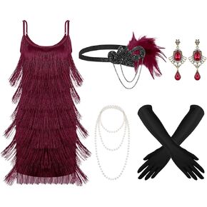 Zhanmai 6 Pcs Flapper Dress Flapper Costumes for Women 1920s Accessories Set Headband Pearl Necklace Earrings Gloves Stick