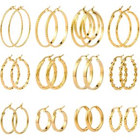 Jinxiuge 12 Pairs Gold Hoop Earrings Set Stainless Steel Twisted Round Small Chunky Hoop Earrings for Women Teen Girls in Saudi Arabia