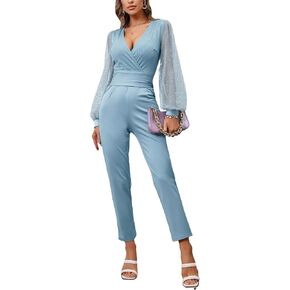 WDIRARA Women's Mesh Lantern Long Sleeve V Neck Tie Back Stretchy Party Club Jumpsuit