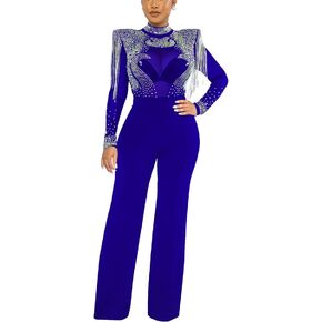 Molilove Women's Sexy Jumpsuit Elegant Long Sleeve Bodycon Sheer Mesh See Through Rhinestone Casual Loose Jumpsuits