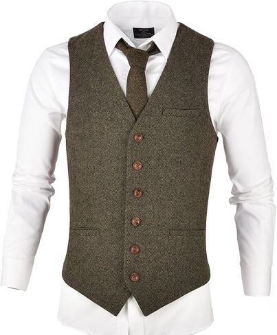 VOBOOM Men's Slim Fit Herringbone Tweed Suits Vest Premium Wool Blend Waistcoat in Saudi Arabia