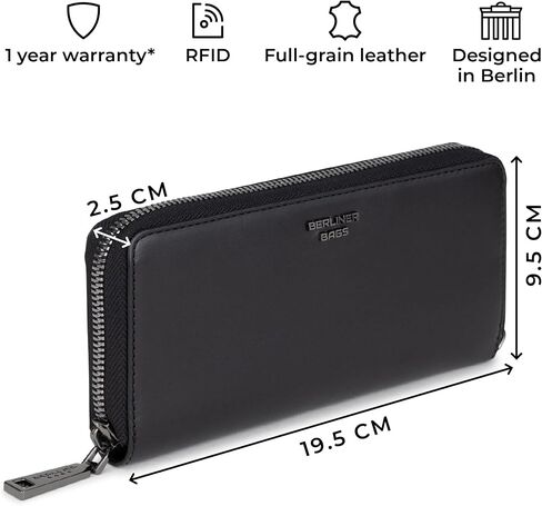 BERLINER BAGS Premium Genuine Leather Wallet Lyon, RFID Blocking Credit Card Holder, Clutch Purses for Women, Zip Around Wallet for 15 Cards and ID window, Bills, Coins - Black in Kuwait