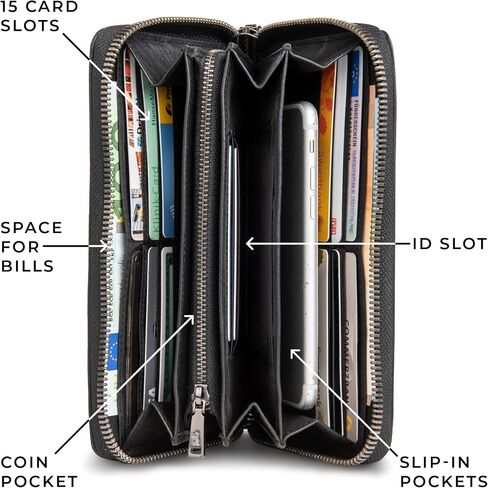 BERLINER BAGS Premium Genuine Leather Wallet Lyon, RFID Blocking Credit Card Holder, Clutch Purses for Women, Zip Around Wallet for 15 Cards and ID window, Bills, Coins - Black in Kuwait