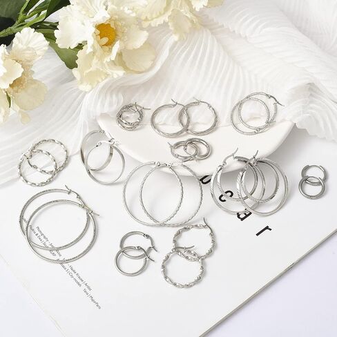 Jinxiuge 12 Pairs Gold Hoop Earrings Set Stainless Steel Twisted Round Small Chunky Hoop Earrings for Women Teen Girls in Kuwait