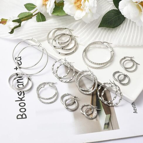 Jinxiuge 12 Pairs Gold Hoop Earrings Set Stainless Steel Twisted Round Small Chunky Hoop Earrings for Women Teen Girls in Kuwait