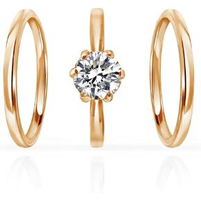 SILVERLINE JEWELRY Stainless Steel 2mm Wedding Band & Solitaire 7mm Round Cut Cubic Zirconia Promise Engagement Ring Set