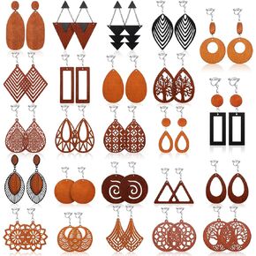 24 Pairs Wooden Clip on Earrings African Natural Wood Earrings Ethnic Statement African Jewelry Bohemian Boho Earrings Lightweight Ear Clips Earrings Set for Women in Saudi Arabia