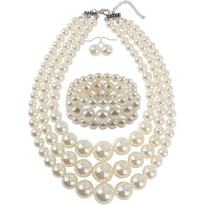 KOSMOS-LI Women's 3 Layer Simulated Pearl Statement 18" Necklace Bracelet and Earrings Jewelry Set in Kuwait