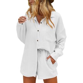 Ekouaer 2 Piece Outfits for Women Fall Lounge Set Long Sleeve Button Down Shirt and Casual Shorts with Pockets Tracksuit