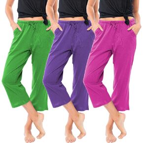 Sexy Basics Women's 3 Pack Soft Flex-Cotton Knit Pajama Pants/Lounge Pants/Sleep Pants - Capri -Yoga Style Pant