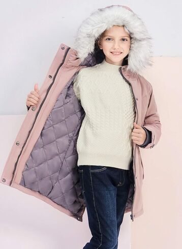 SOLOCOTE Girls Winter Coats Heavyweight Medium Length Warm Jacket With Removable Fur Collar Hooded 3-14Y in Kuwait