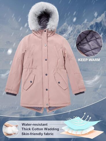 SOLOCOTE Girls Winter Coats Heavyweight Medium Length Warm Jacket With Removable Fur Collar Hooded 3-14Y in Kuwait