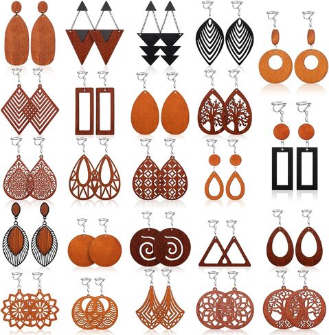 24 Pairs Wooden Clip on Earrings African Natural Wood Earrings Ethnic Statement African Jewelry Bohemian Boho Earrings Lightweight Ear Clips Earrings Set for Women in Saudi Arabia