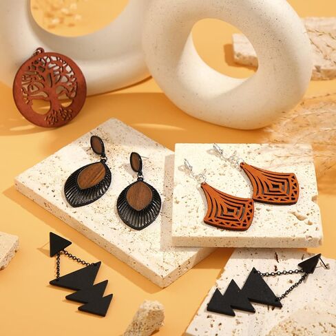 24 Pairs Wooden Clip on Earrings African Natural Wood Earrings Ethnic Statement African Jewelry Bohemian Boho Earrings Lightweight Ear Clips Earrings Set for Women in Saudi Arabia