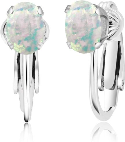 Gem Stone King 925 Sterling Silver White Simulated Opal Clip-On Earrings For Women (1.26 Cttw, Oval Cabochon 7X5MM) in Saudi Arabia