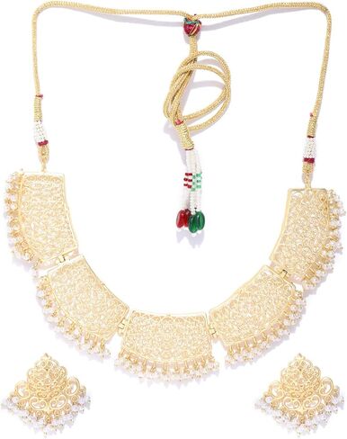 مجموعة مجوهرات برياسي الهندية للنساء | مجموعة قلادة للنساء | مطلي بالذهب | معدن نحاس | مجموعة مجوهرات الزفاف الهندية لحفل الزفاف | مجموعة مجوهرات بوليوود in Kuwait